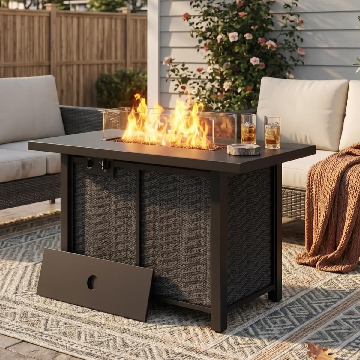 Propane Fire Pit, 43" Outdoor Gas Fire Pit Table, 50, 000 BTU 2-in-1 Texteline Pattern Fire Table with Removable Lid