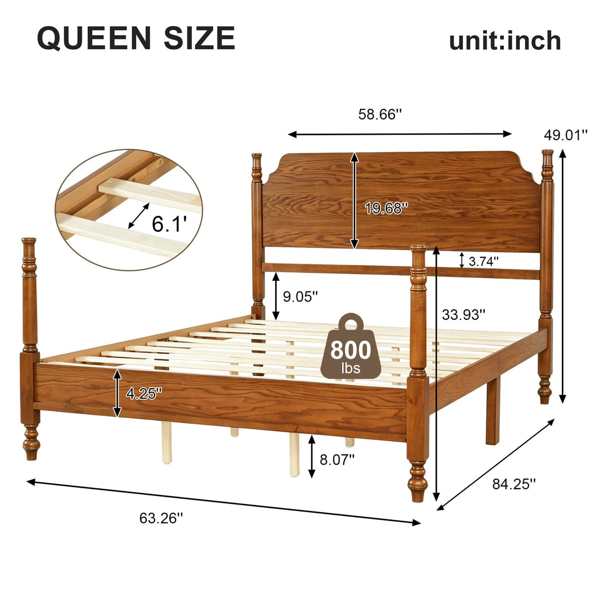 Wood Bed Frame with Vintage headboard, Spindle Platform Bed with High Posts Design, Sturdy Wooden Slats Support