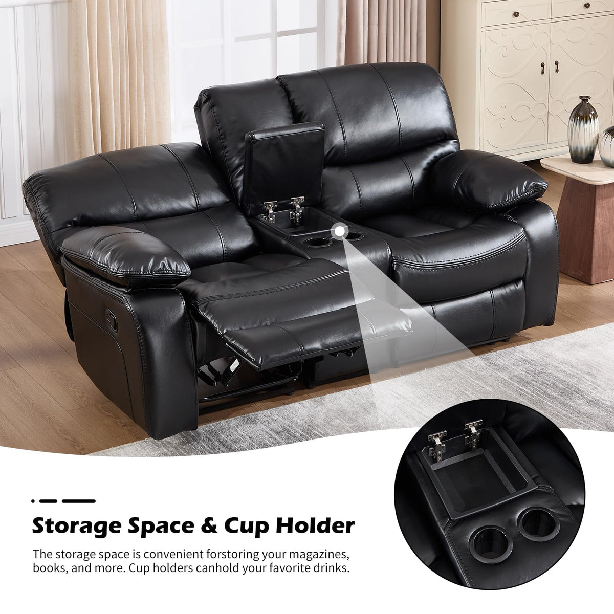 Faux Leather Manual Recliner Sofa Set, Americana Minimalist 2 Recliner Chairs and 1 Reclining Loveseat with Center