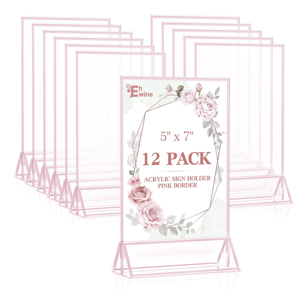 12 Pack Acrylic Sign Holder 5 x 7, Double-Sided Stand up Table Top Sign Holders, Pink Acrylic Picture Frame Menu