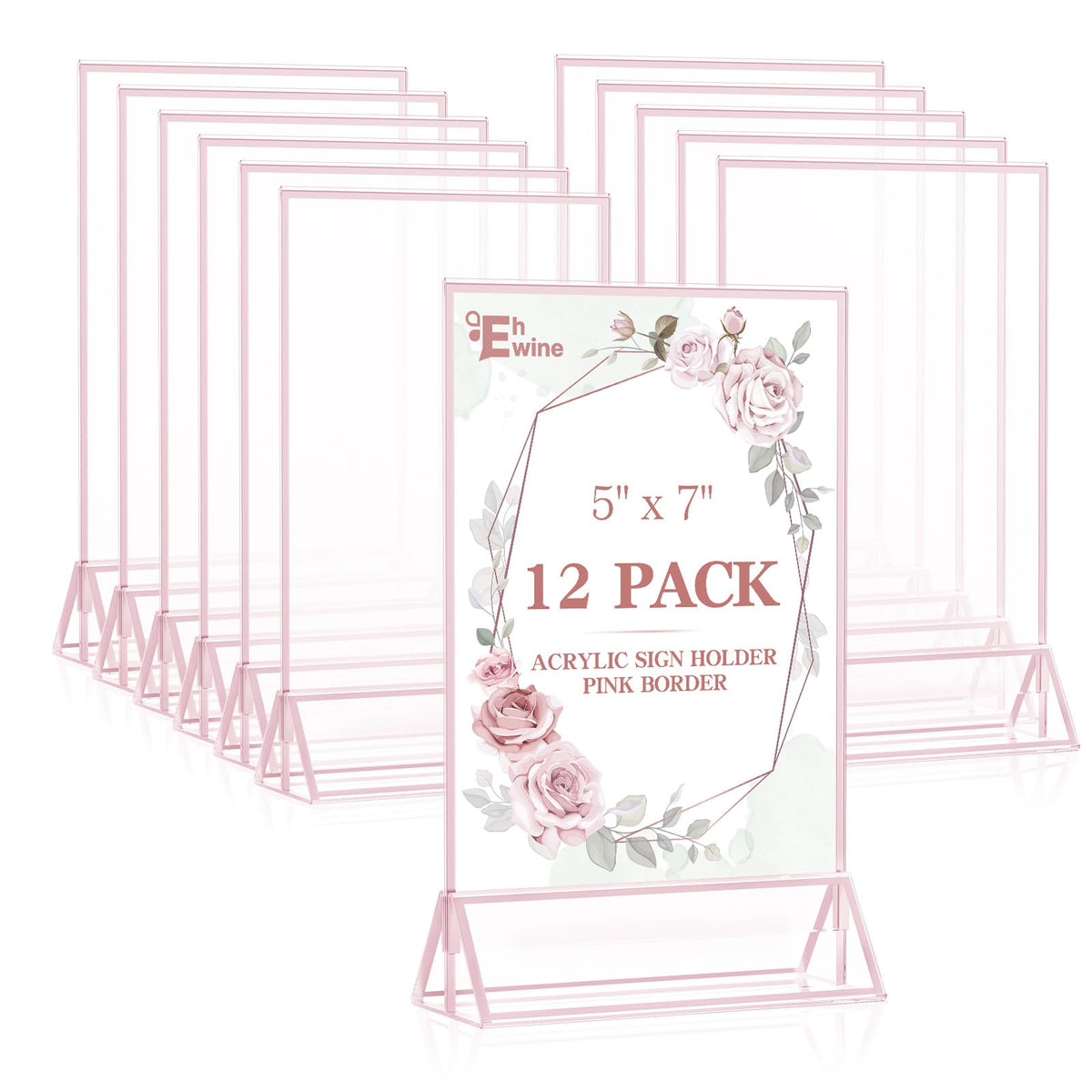 12 Pack Acrylic Sign Holder 5 x 7, Double-Sided Stand up Table Top Sign Holders, Pink Acrylic Picture Frame Menu
