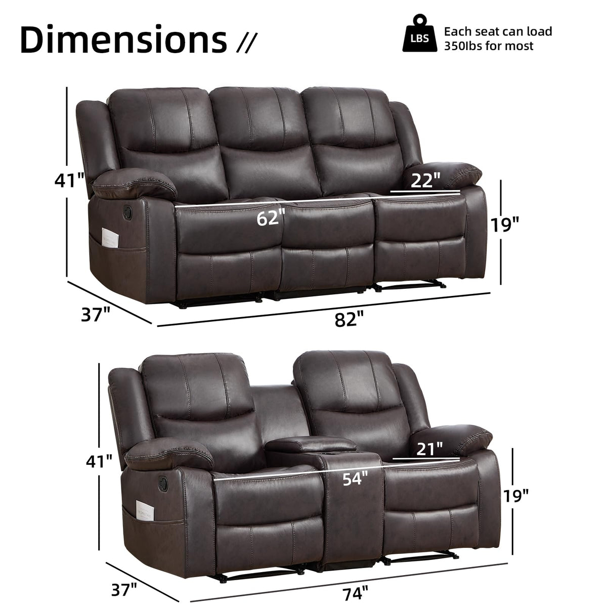 2 Pieces Manual Recliner Sofa Set, Faux Leather Reclining Couch Set, Included Loveseat Recliner Couch and 3 Seat