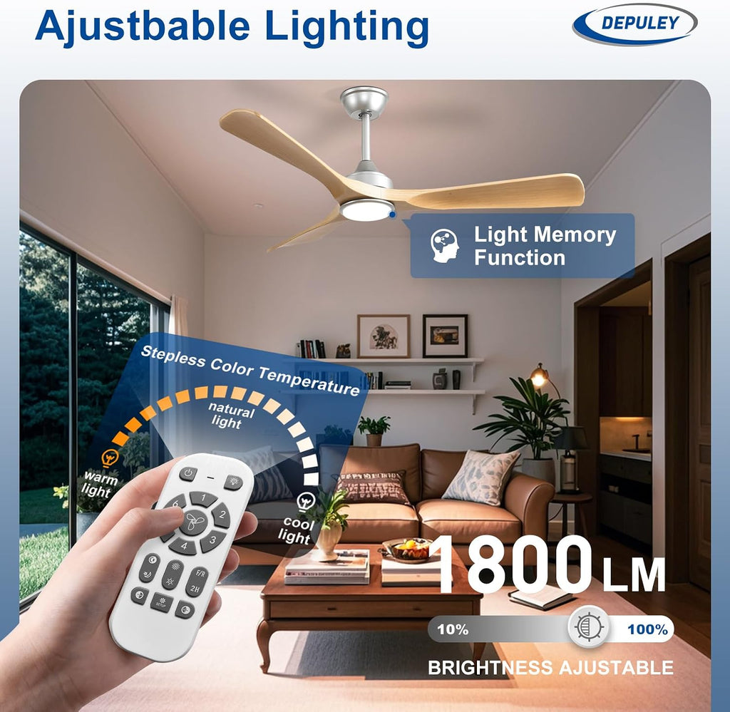 52" Wood Indoor/Outdoor Ceiling Fan with Light & Remote