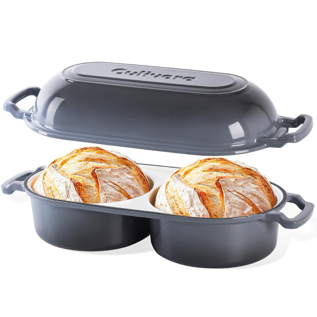 Cast Iron Double Dutch Oven, Mini Enamel Sourdough Bread Pan with Lid, Grey