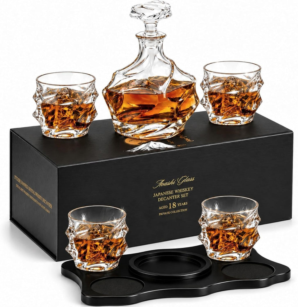 Storm Japanese Crystal Whisky Decanter Set with 4 Tumbler Glasses, Lead-Free Liquor Carafe & 10oz Rocks Glasses