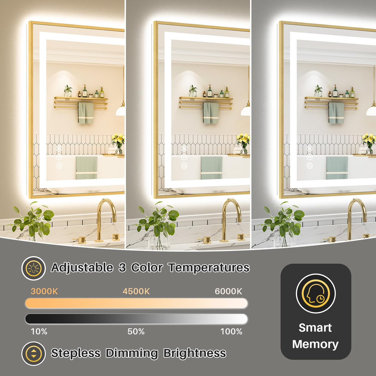 36x30 Inch LED Bathroom Mirror with Gold Frame, Backlit & Front Lit