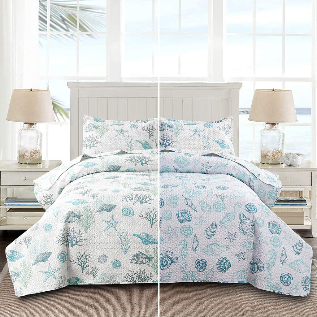 Reversible Coastal Beach Theme Quilt Set Ocean Coral Bedding Seaweed Bedspread Ocean Life Blue Green White