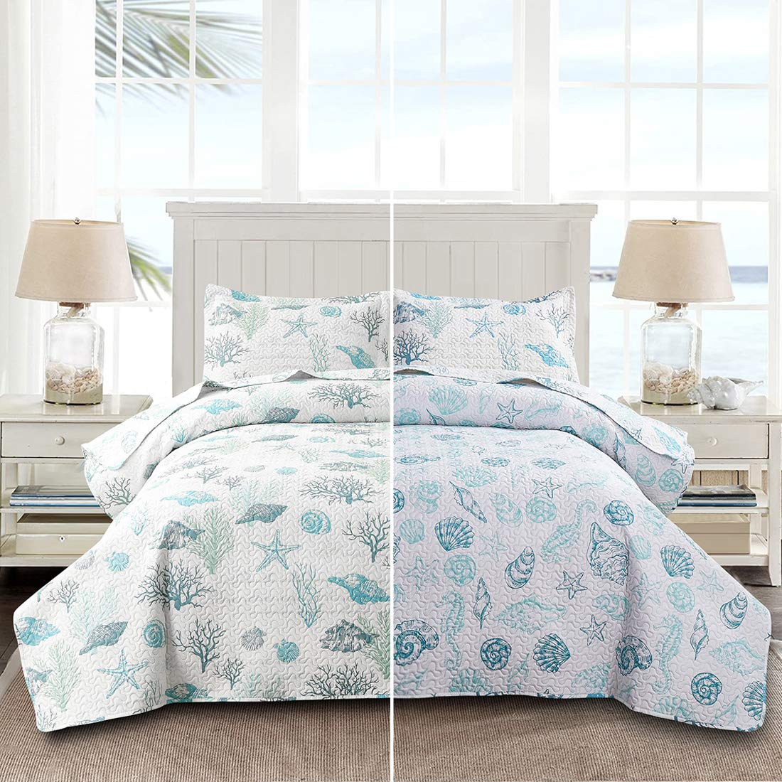 Reversible Coastal Beach Theme Quilt Set Ocean Coral Bedding Seaweed Bedspread Ocean Life Blue Green White