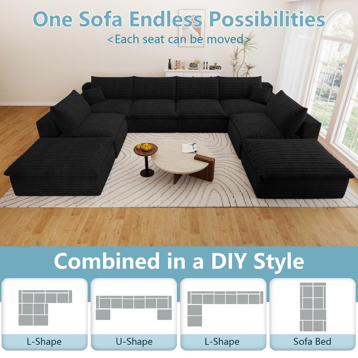 136" Oversized Cloud Sectional Couch with U-Shaped Chaise, 8-Seater Corduroy Viral Boneless Sofa, Memory Foam Couches