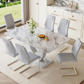 7-Piece Dining Table Set for 6, 63-Inch Faux Marble, Light Grey