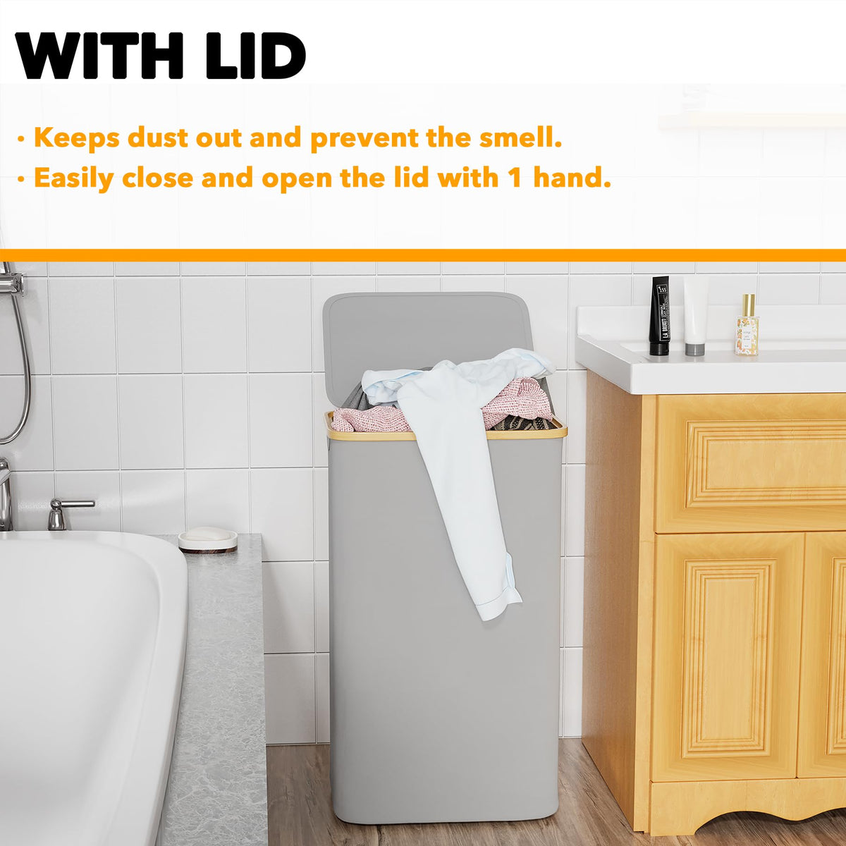 Laundry Hamper with Lid, 110L Large Tall Clothes Basket Bin with Bamboo Handles, Collapsible Laundry Hamper , Laundry