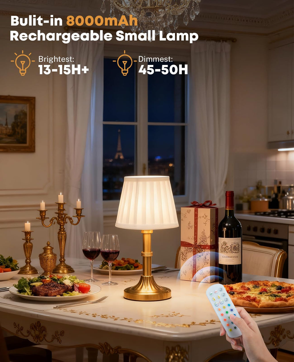 Cordless Table Lamp, 8000mAh Small Table Lamp with Remote Control, Rechargeable Battery Powered Light with Fabric