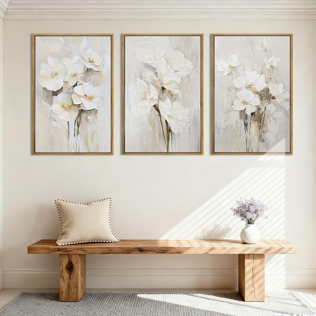 Extra Large Beige Floral Framed Wall Art 24x36 Inch Neutral White Flower Canvas Wall Art Farmhouse Wildflower