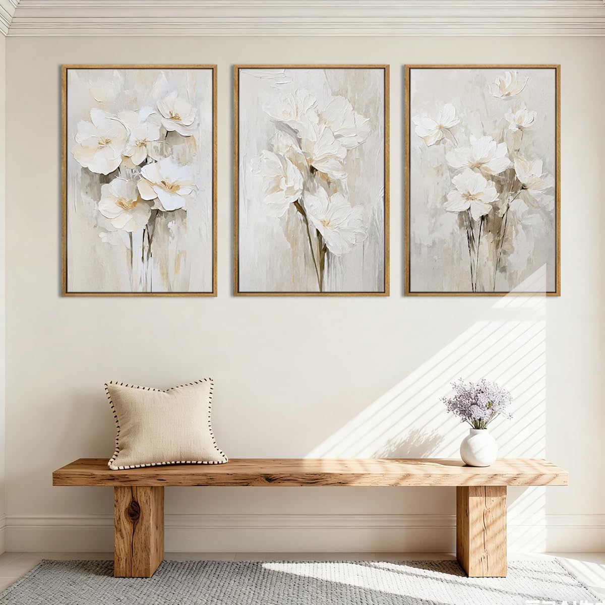 Extra Large Beige Floral Framed Wall Art 24x36 Inch Neutral White Flower Canvas Wall Art Farmhouse Wildflower