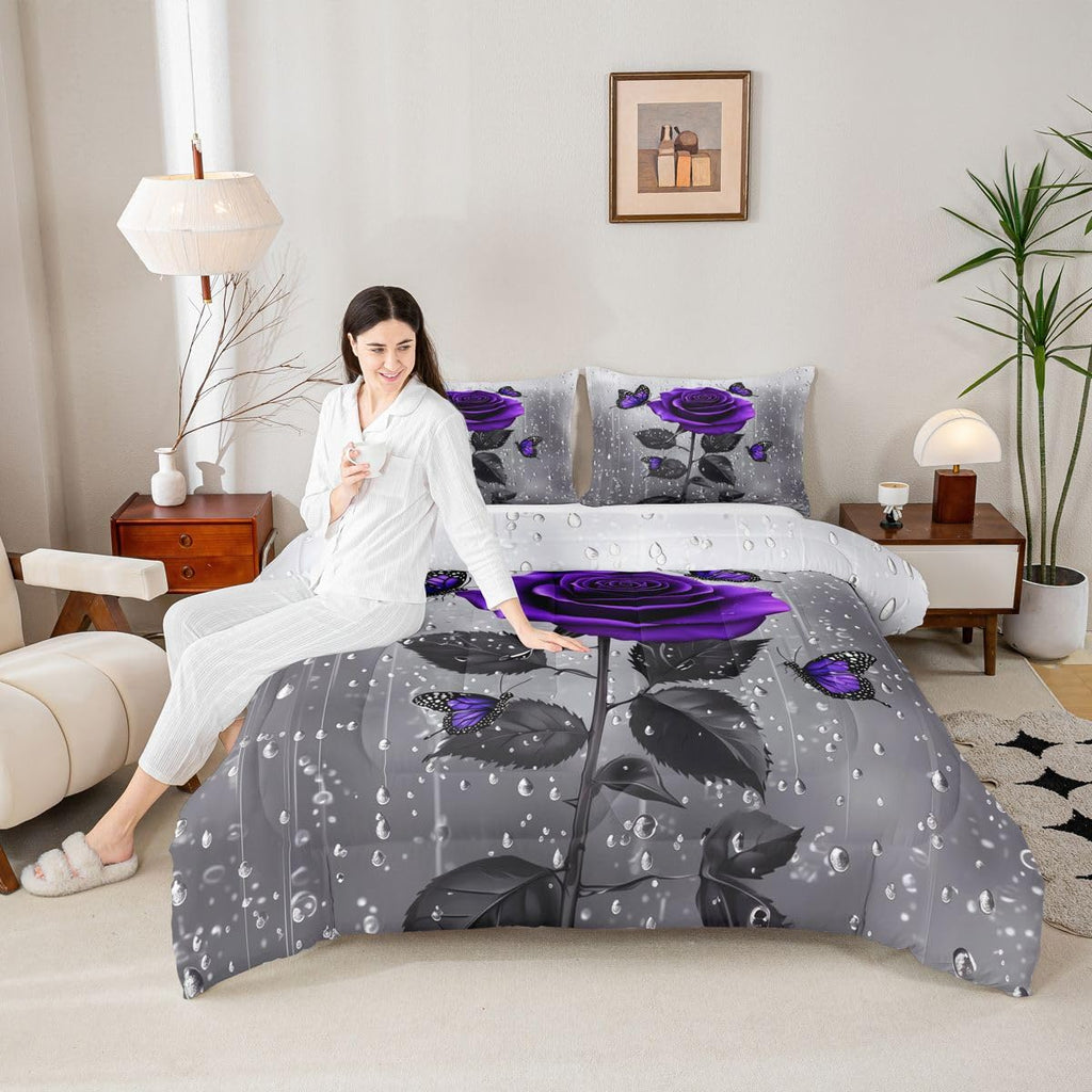 3D Rose Comforter Set - Rose Floral Print Bedding Set With Romantic Flowers, Butterfly Duvet Set, Quilt