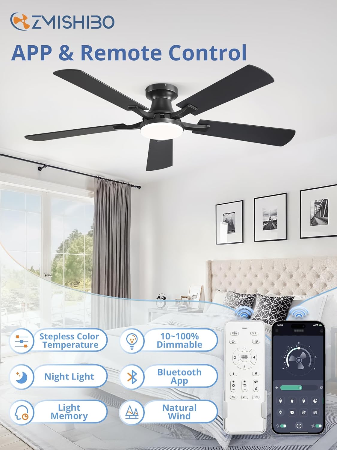 52" Black Flush Mount Ceiling Fan with Light & Remote