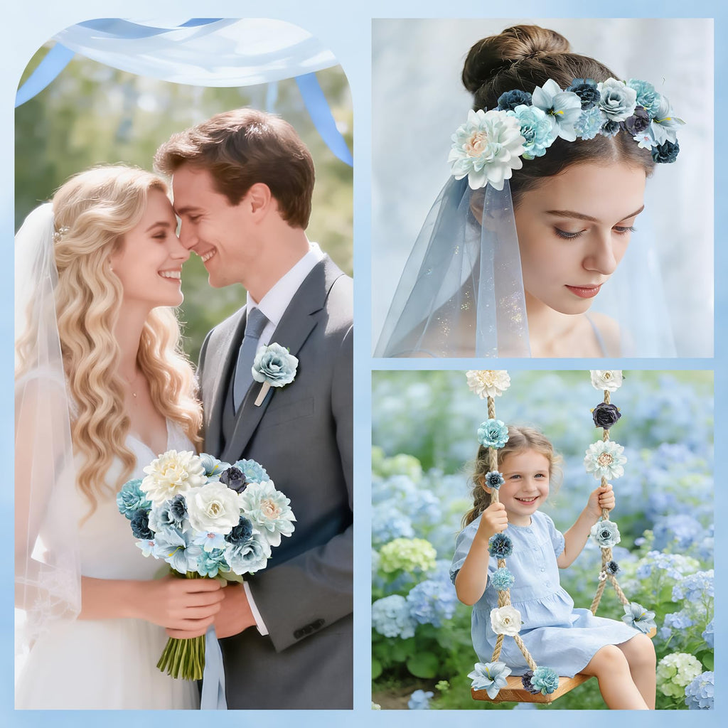 Fake Flower Heads Mini Artificial Flower Blue Faux Dahlia Rose Flowers for Crafts Cake Blossom Wreath Garland