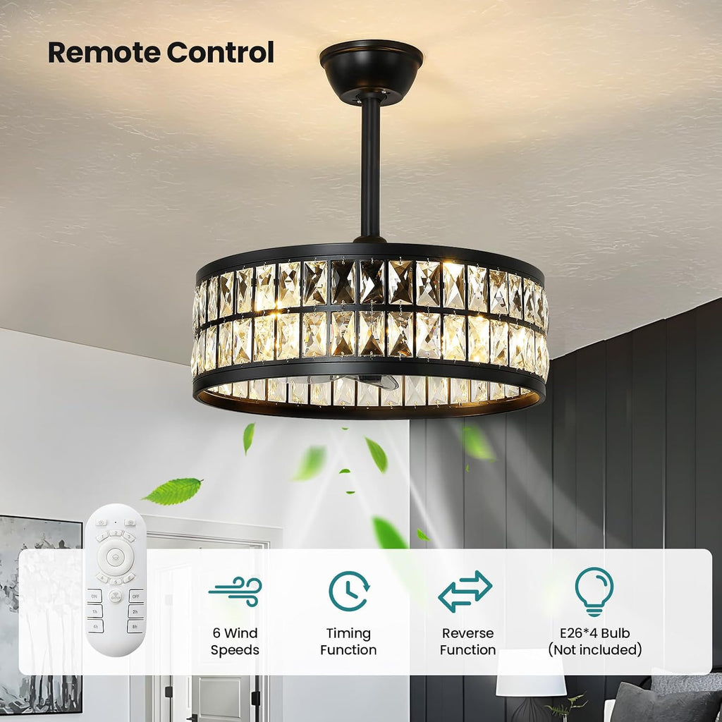 19" Black Flush Mount Caged Crystal Ceiling Fan with Light & Remote