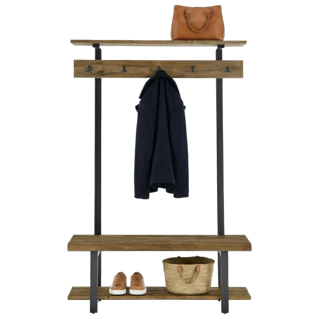 Pomona Solid Wood Entryway Hall Tree with Shoe Bench, Rustic Brown, 48 Inch