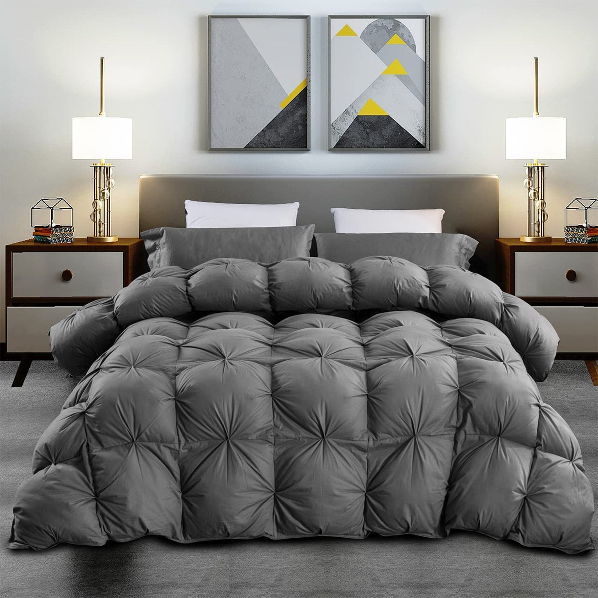 Luxurious Palatial /Super Goose Down Comforter, 120 X 90 inches, Unique Gray Pinch Pleat, 600 Thread Count