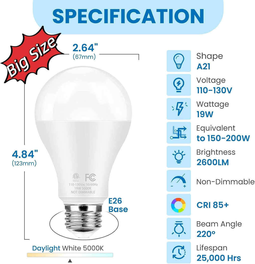 Super Bright LED Light Bulbs, 150 Watt Equivalent, 5000K Daylight White, 2600 High Lumen, E26 Base, Non-Dimmable, A21