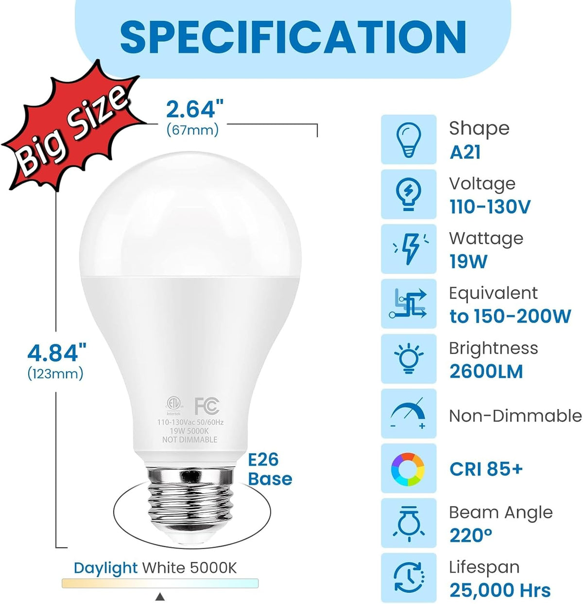 Super Bright LED Light Bulbs, 150 Watt Equivalent, 5000K Daylight White, 2600 High Lumen, E26 Base, Non-Dimmable, A21