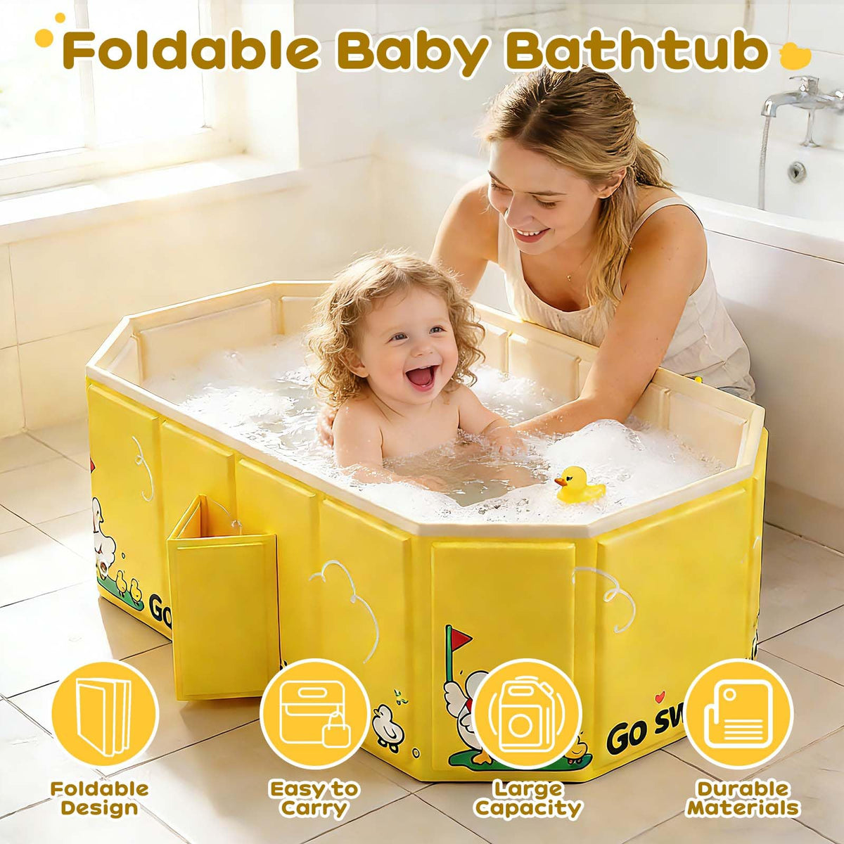 Collapsible Toddler Bathtub for Ages 1-5, Portable Foldable Baby Bath Tub with Dual Drain, No-Assembly Kids Shower
