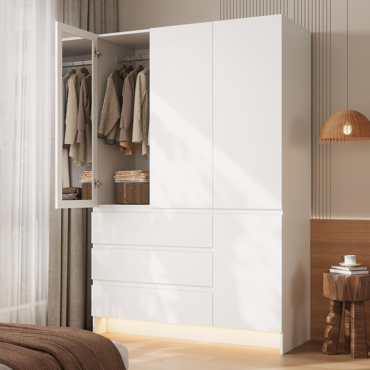 Armoire Wardrobe Closet with 4 Doors, Bedroom Armoire with Mirrors