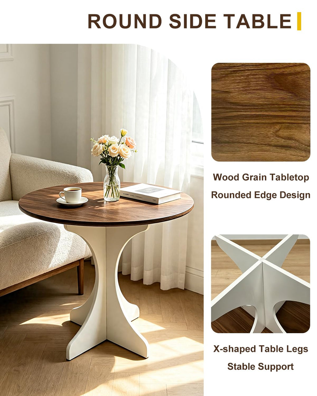 Inspired Saarinen Style Mid Century Modern Round Side Table Accent 24in Coffee Table with Amber Wood Grain Tabletop & White Curved Base