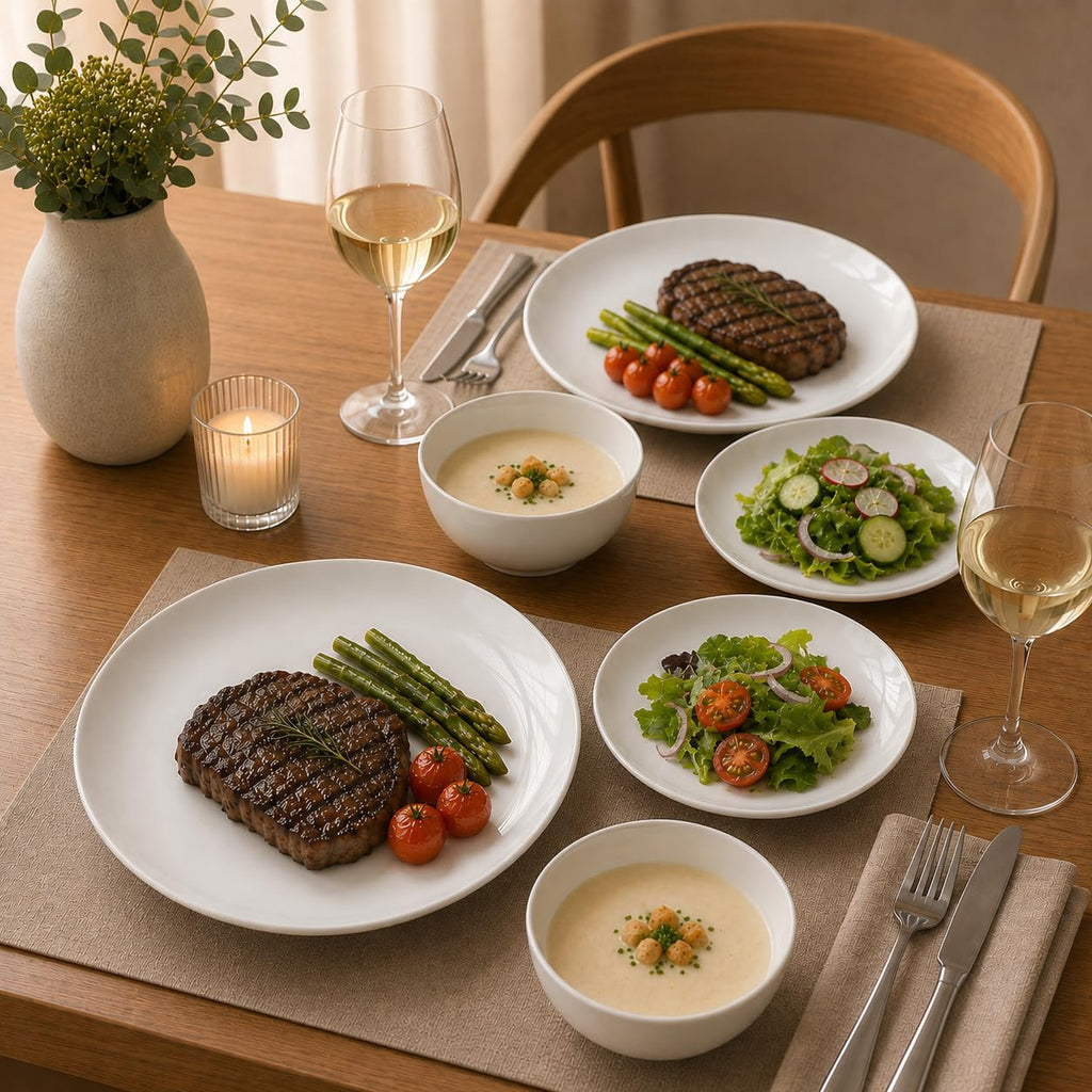 Plates and Bowls Set, 12 Piece Porcelain Dinnerware Set for 4, White Dishes Set for Everyday Dining, Dishwasher