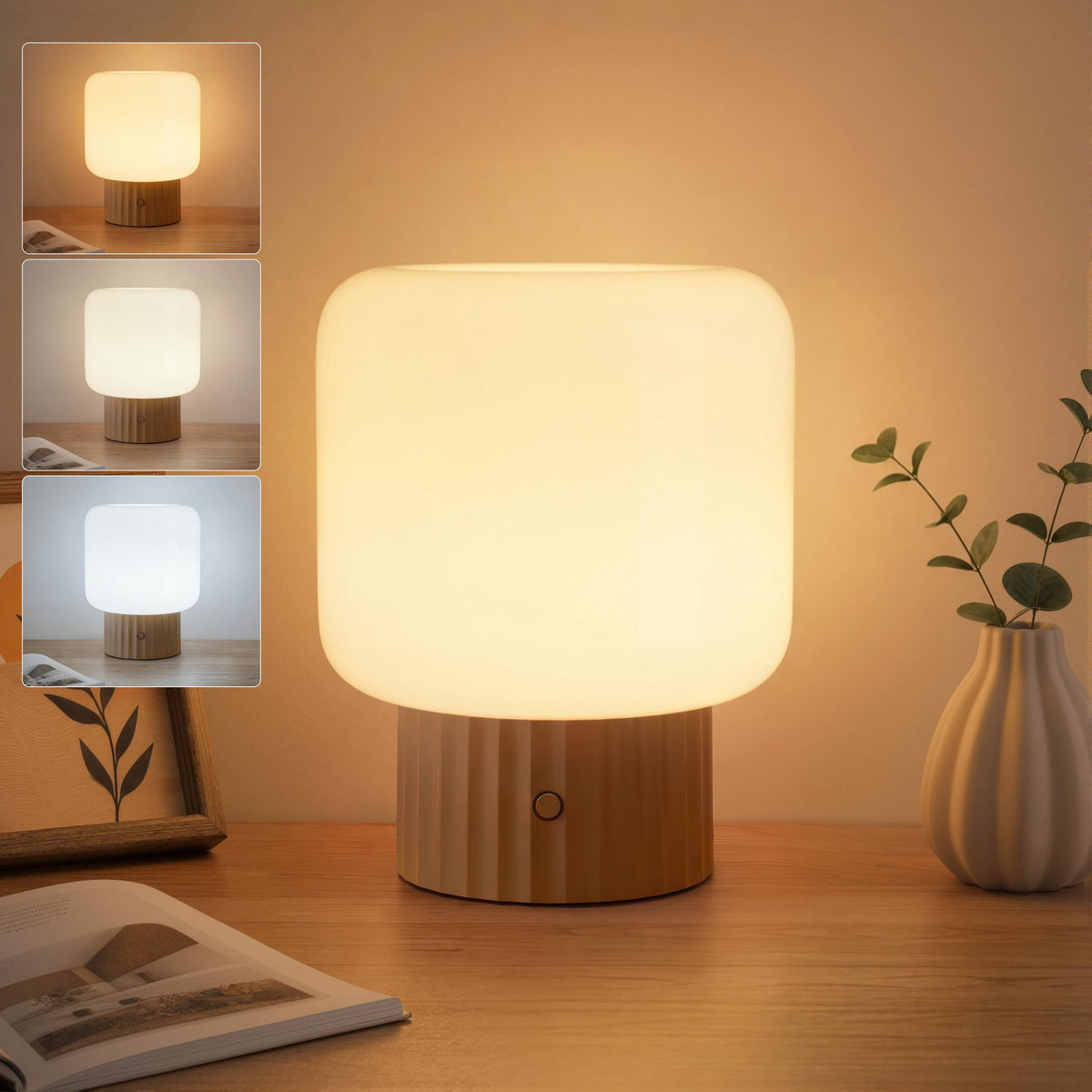 Mushroom Lamp, Cordless Rechargeable Table Lamp with Glass Shade, 3 Color Temperatures & Stepless Dimming, 5200mAh