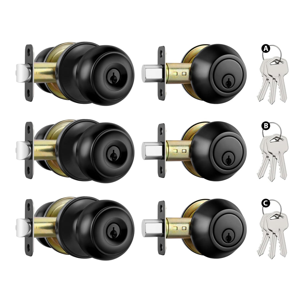 Black Exterior Door Lock Set with Deadbolt Keyed Different 3Pack