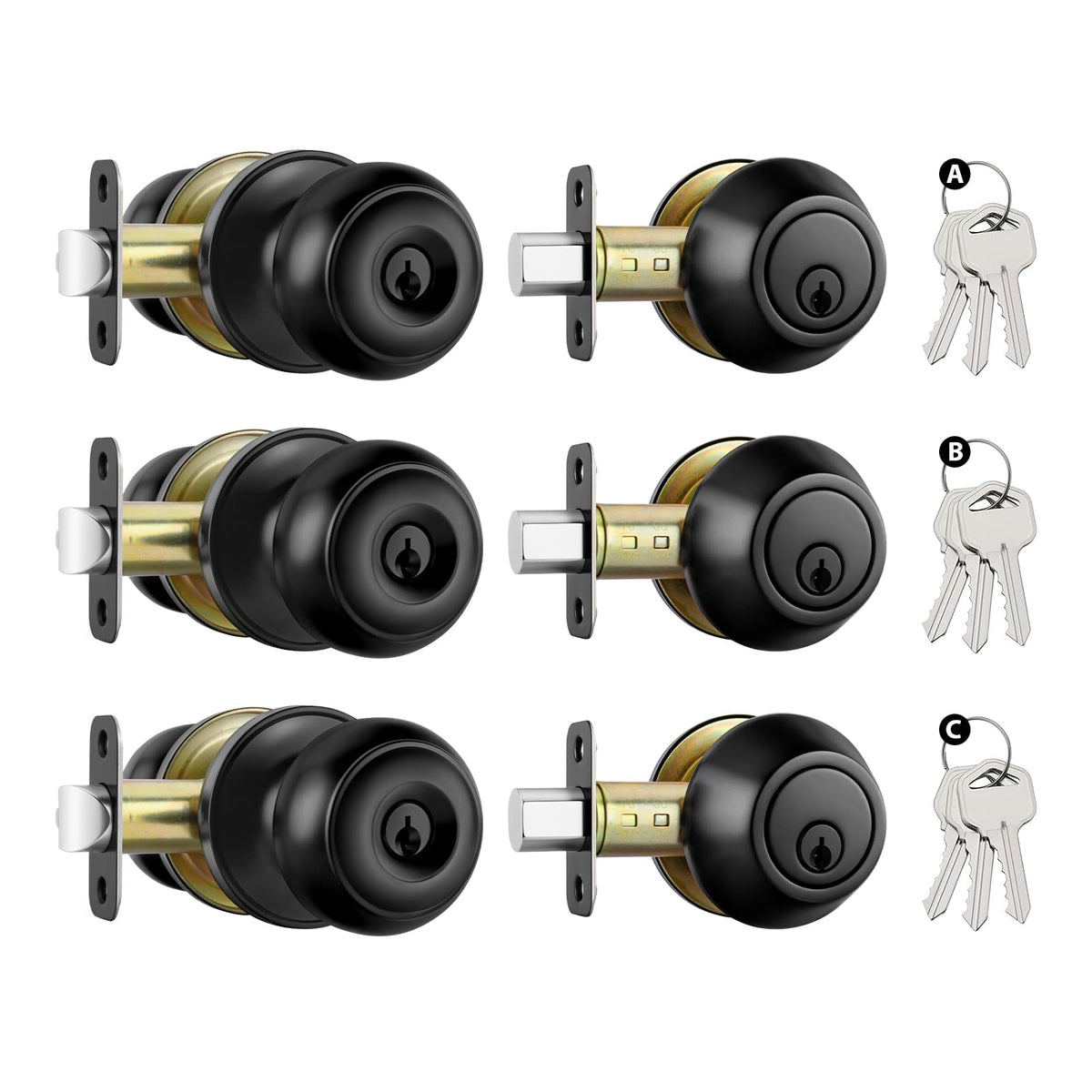 Black Exterior Door Lock Set with Deadbolt Keyed Different 3Pack