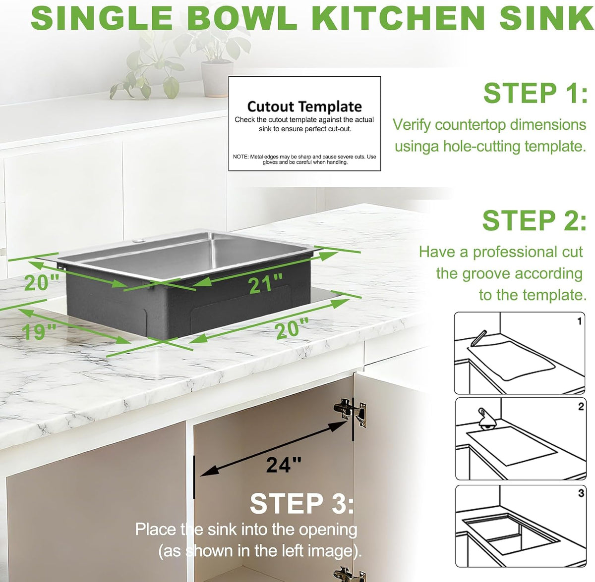 21x20x10 Inch Drop In Kitchen Sink, T304 16-Gauge Stainless Steel Single Bowl, Soundproof Brushed Finish, Includes