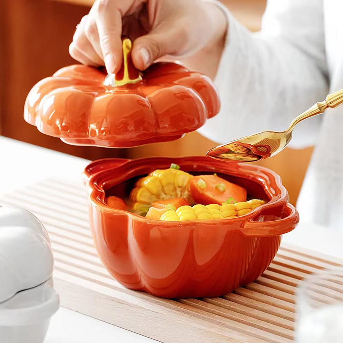 Pumpkin Bowl Set with Lid and Handle, Set of 4 Ceramic Ramekins for Baking, Casserole Dish Individual Severing Pot