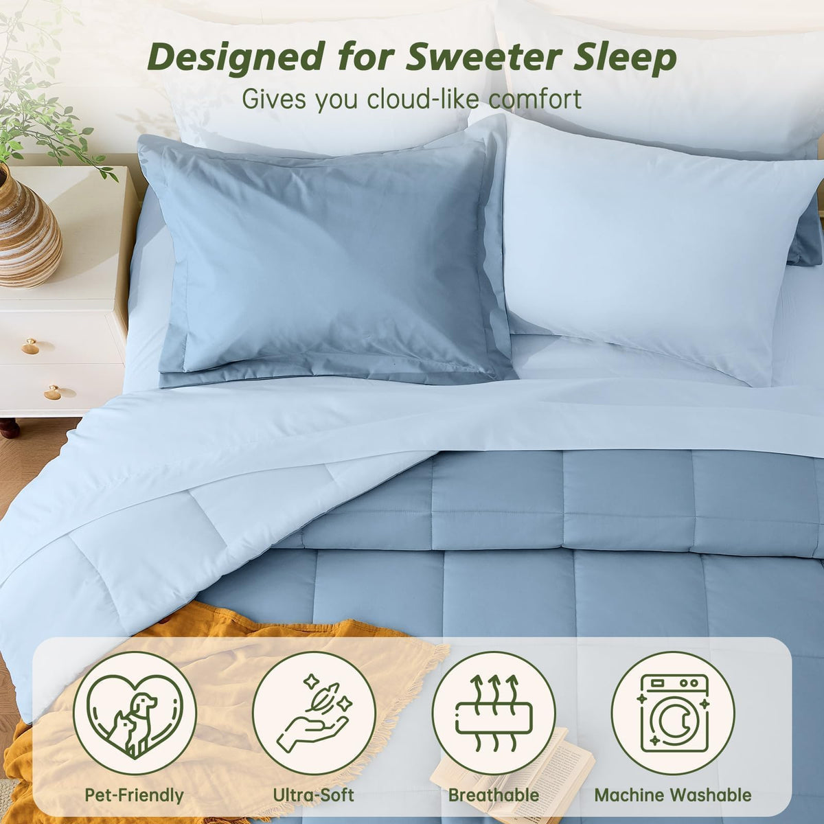 Comforter Set with Sheets - 7 Pieces Bed in a Bag Blue Bedding Sets