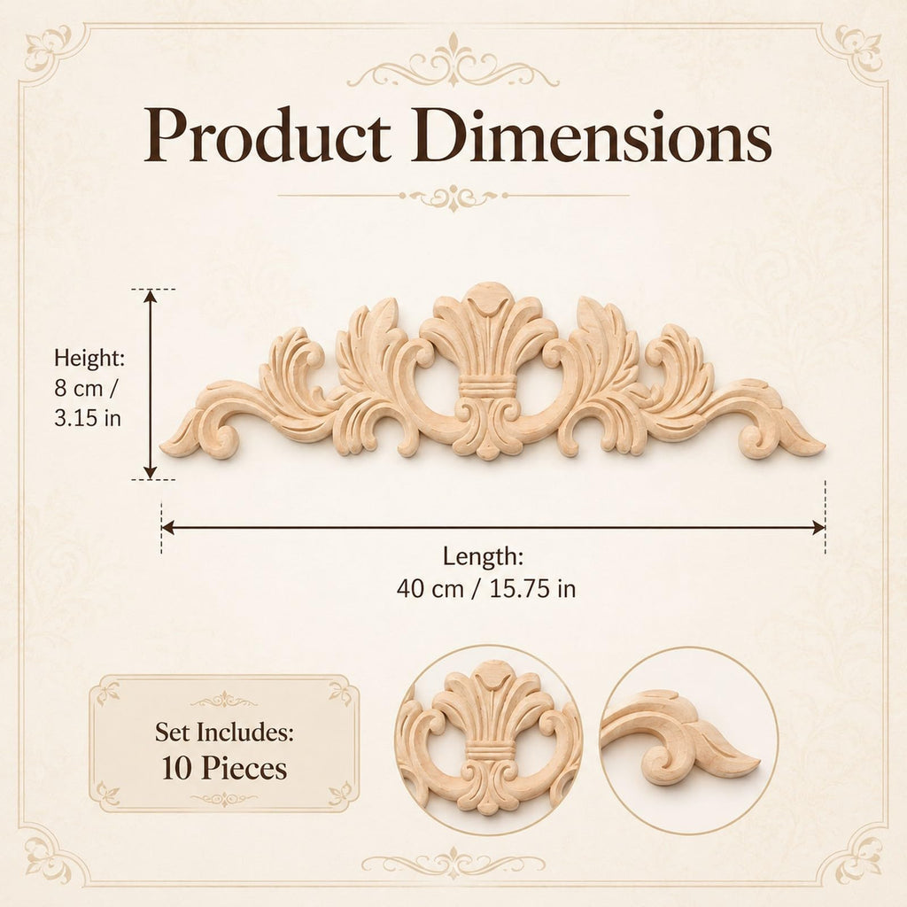 5pcs Unfinished Carved Wood Applique European French Onlay Trim Decorative Long Acanthus Leaf Medallion for Cabinet