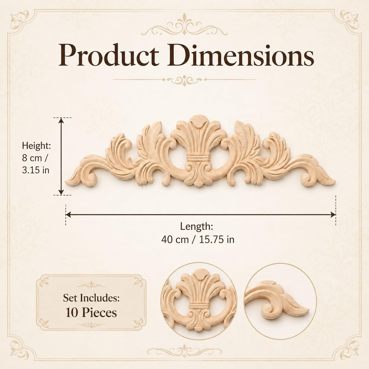 5pcs Unfinished Carved Wood Applique European French Onlay Trim Decorative Long Acanthus Leaf Medallion for Cabinet