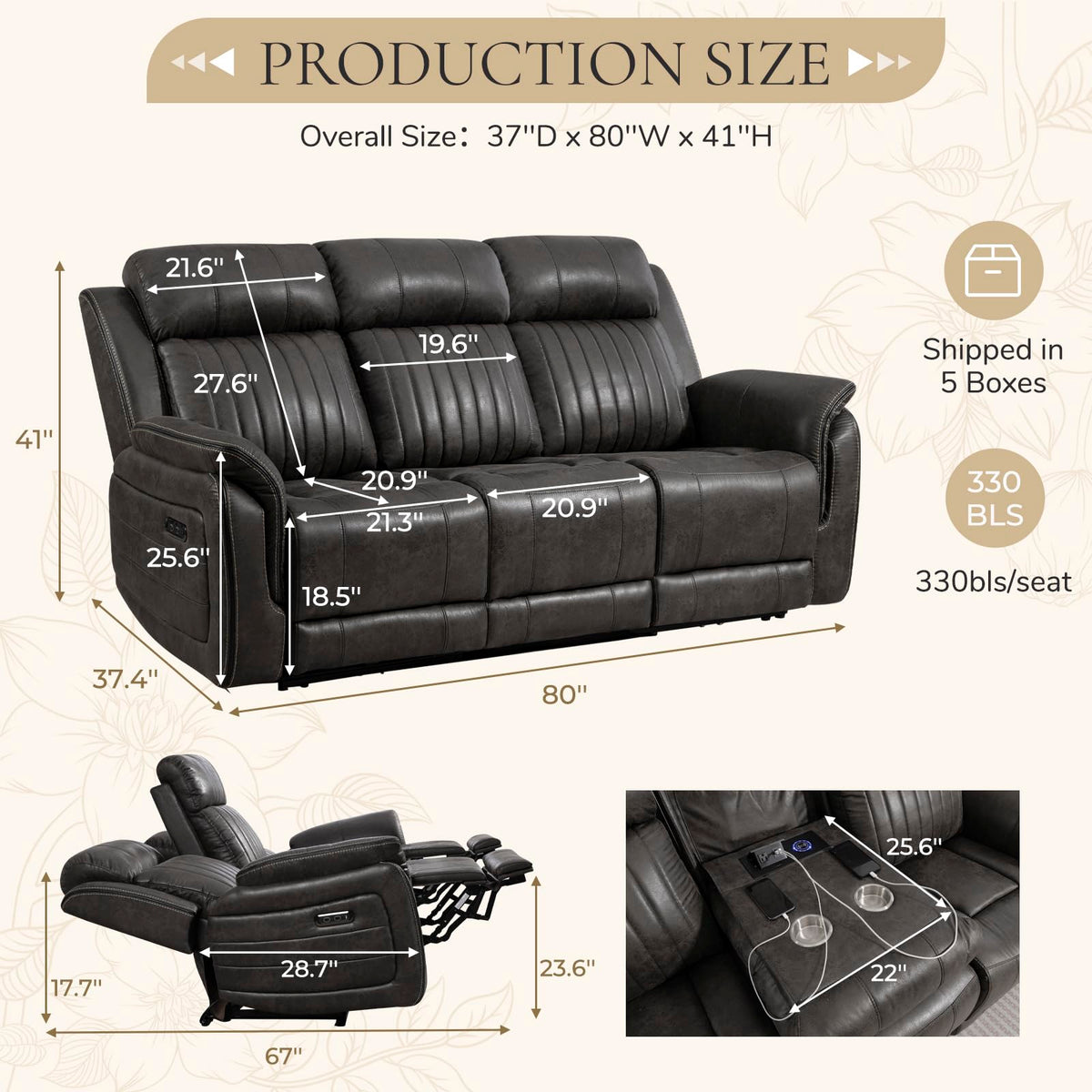 Zero Gravity Power Reclining Sofa with Adjustable Headrest, Electric Reclining Couch with USB & Type-C Ports, Power