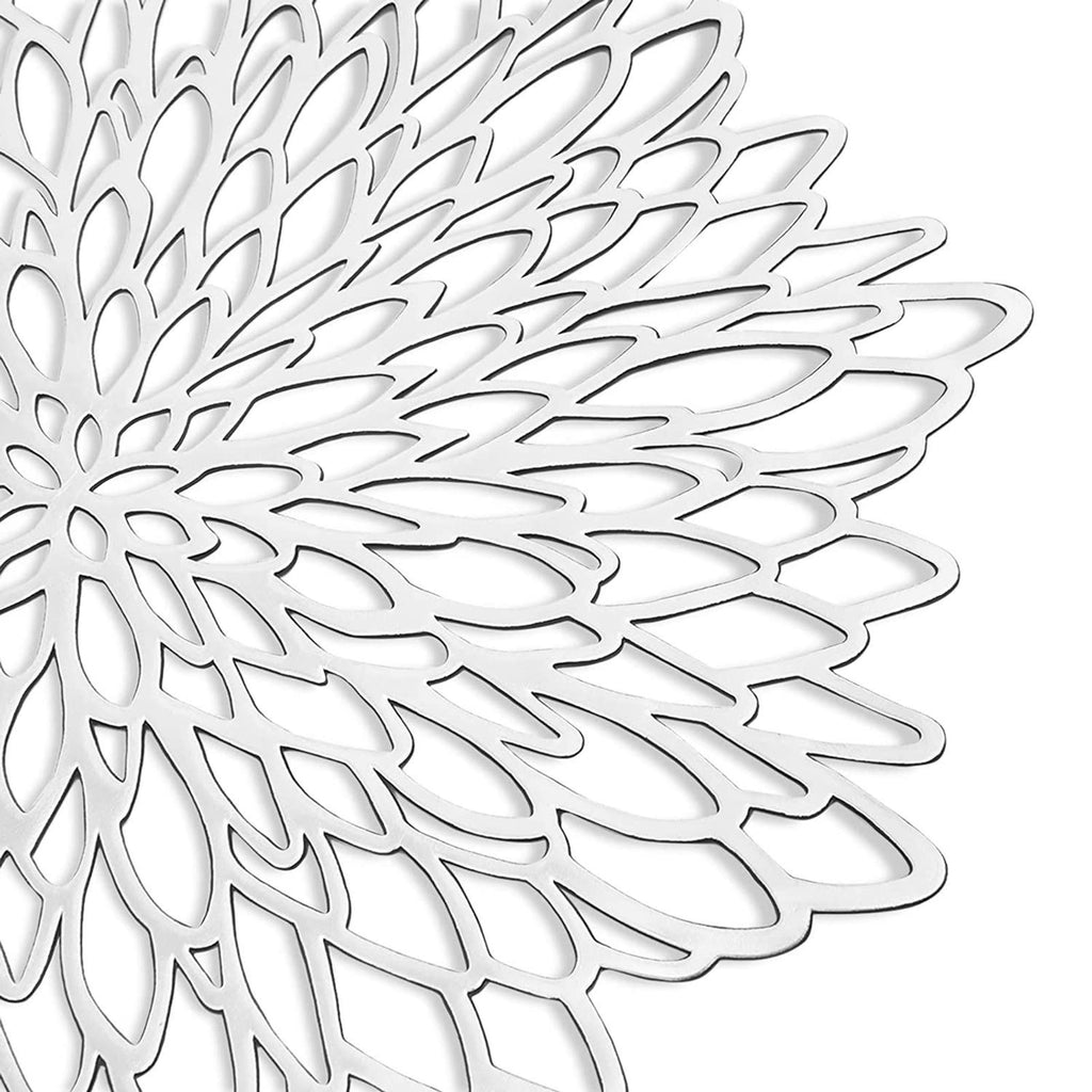 10 Pack Silver Metallic Vinyl Placemats - 14.4" x 14.4" Round Table Mats and Chargers with Leaf Design for Elegant
