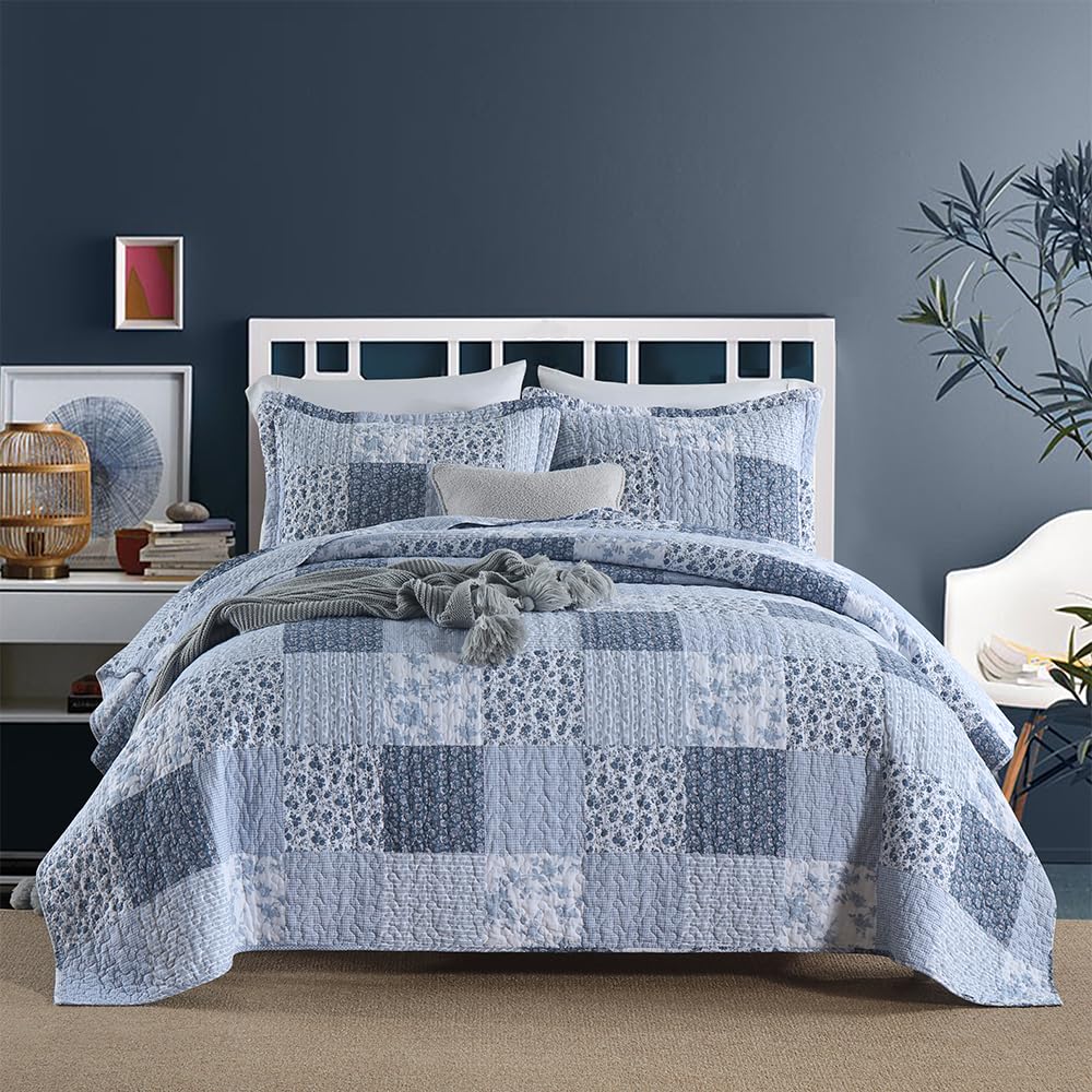 Cotton Bedspread Quilt, Reversible Lightweight Coverlets with 2 Shams, Rose Floral Plaid Pattern Rustic