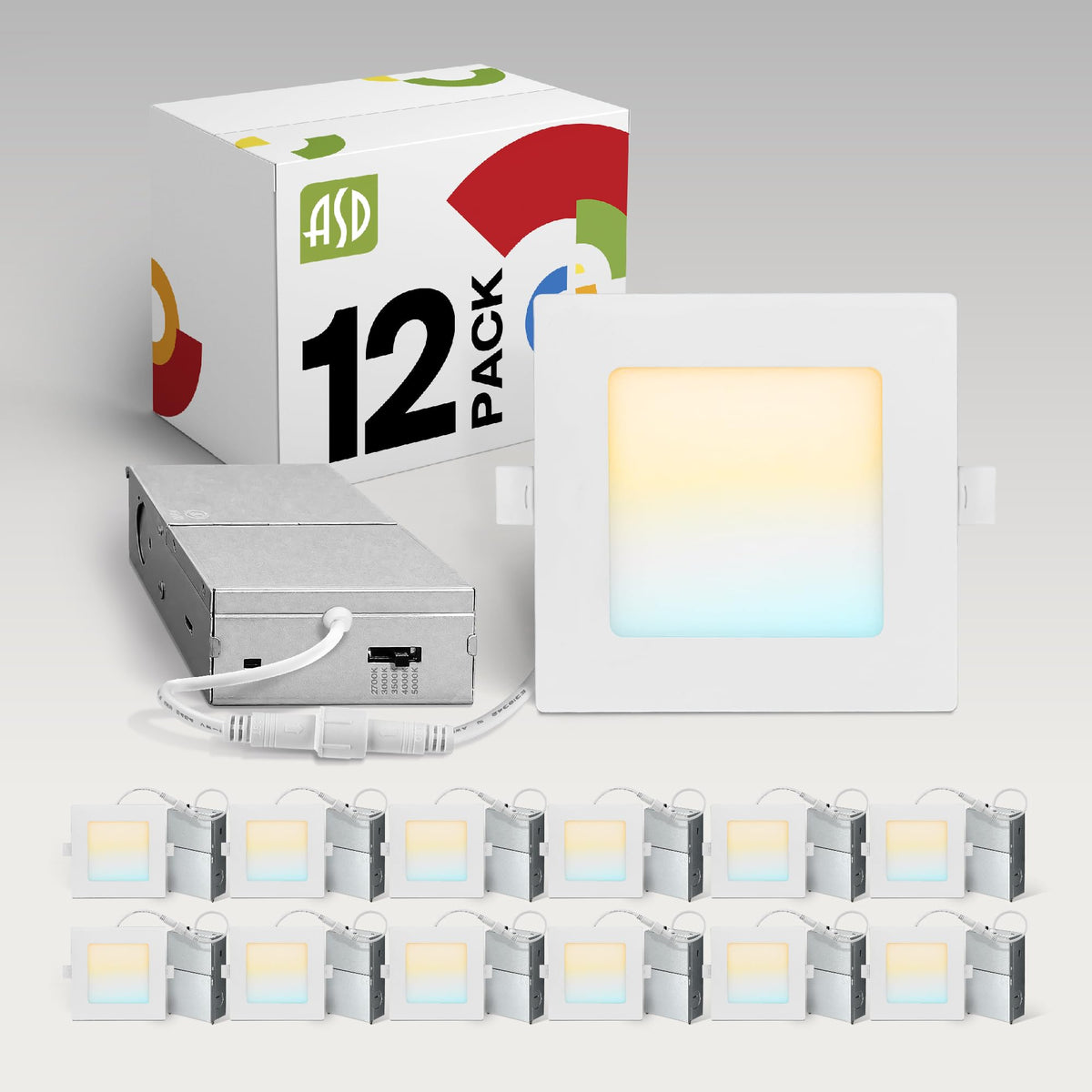 12 Pack LED Square Recessed Lighting 4 Inch, 5CCT 2700K-5000K CRI90+, Dimmable Ultra-Thin Canless Wafer Lights, IC
