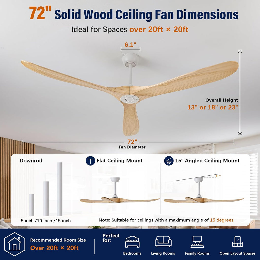 72" White Ceiling Fan with Remote, No Light