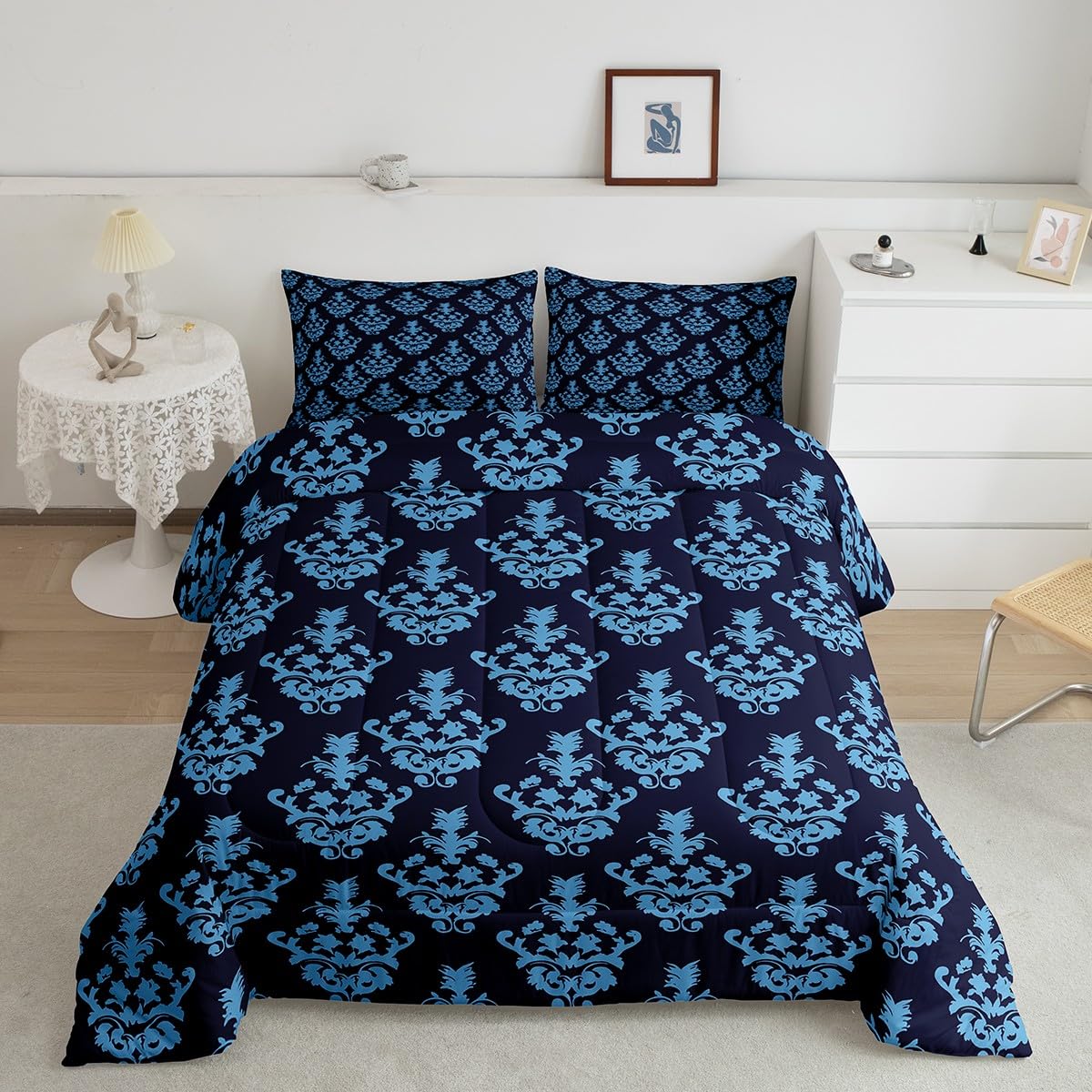 Gothic Bedding Set - Victorian Damask Comforter, Full Size, Black Floral, Bohemian Decor
