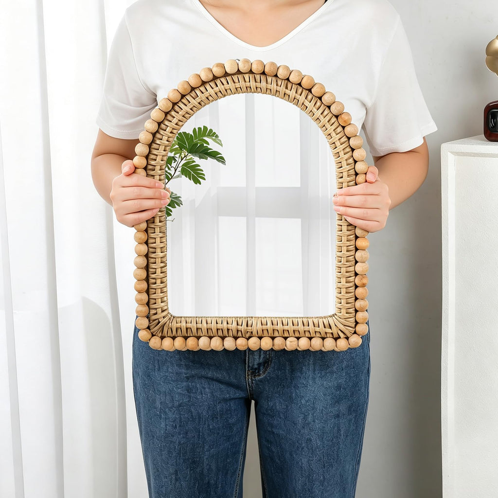 13 x 16 Inch Small Boho Rattan Arch Mirror for Wall Decor