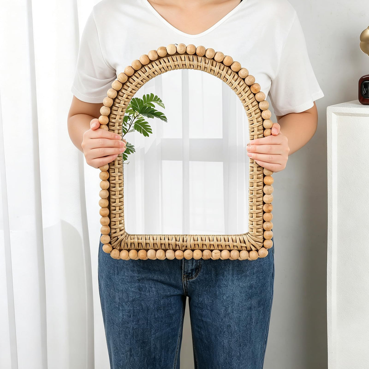 13 x 16 Inch Small Boho Rattan Arch Mirror for Wall Decor