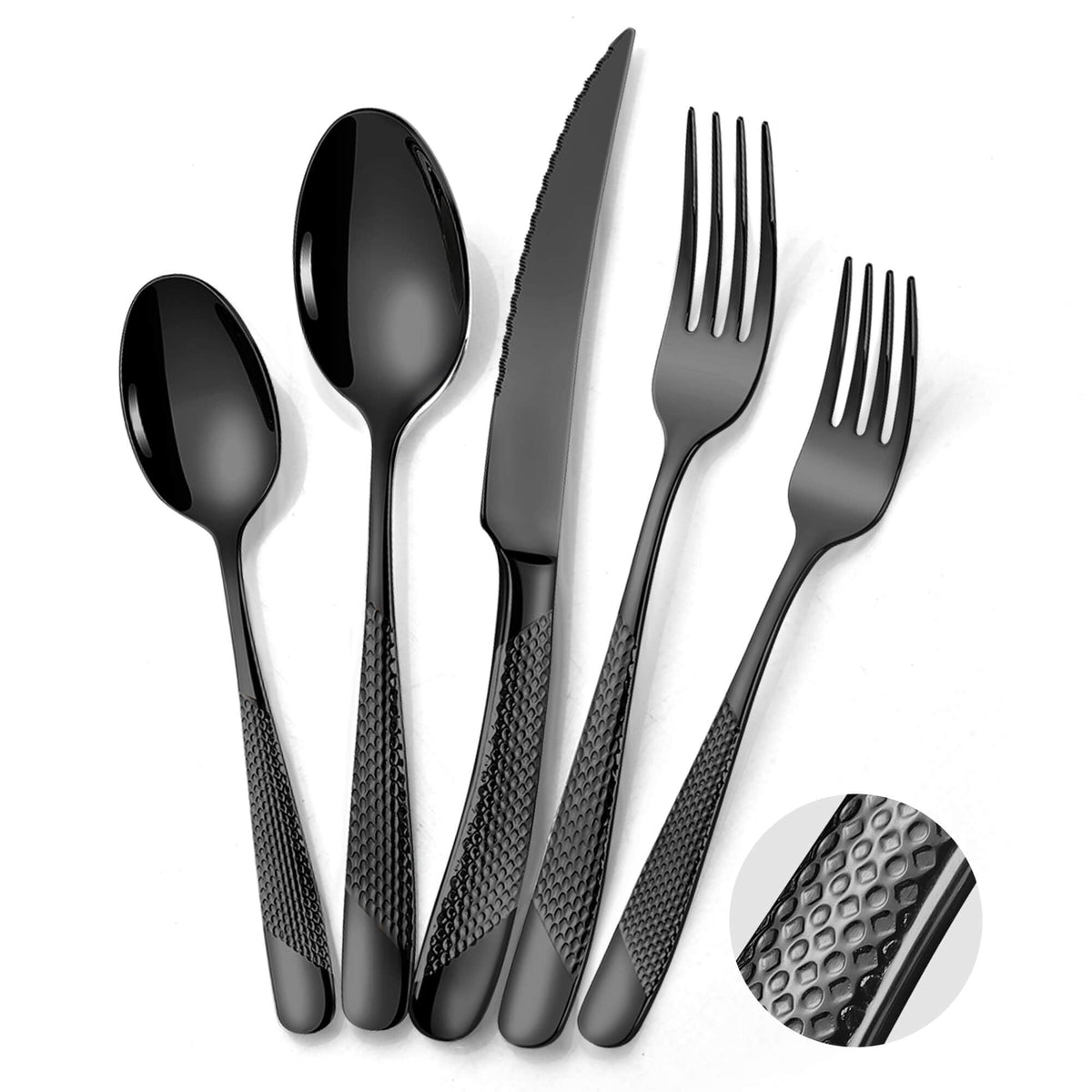 Hammered 30-Pieces Set Black Silverware Set for 6 with Serrated Forging Knives,18/10 Stainless Steel Modern Flatware