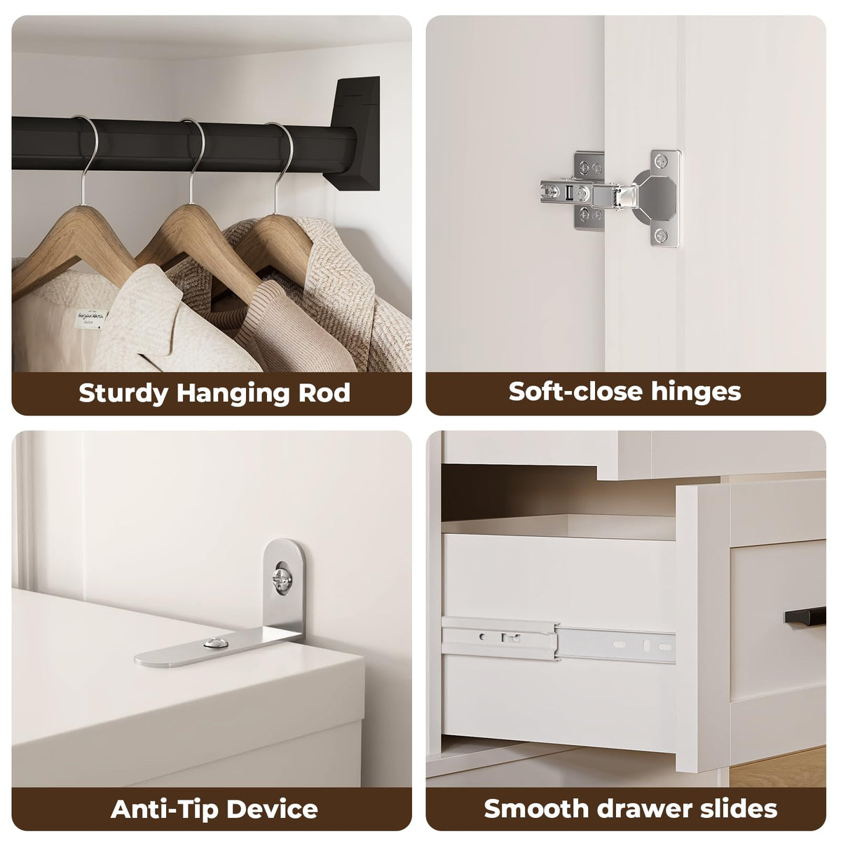 Wardrobe Closet with Doors, Bedroom Armoire with 3 Drawers and Hanging Rod