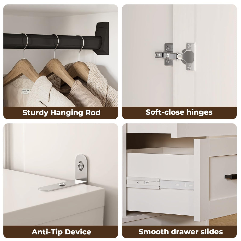 Wardrobe Closet with Doors, Bedroom Armoire with 3 Drawers and Hanging Rod