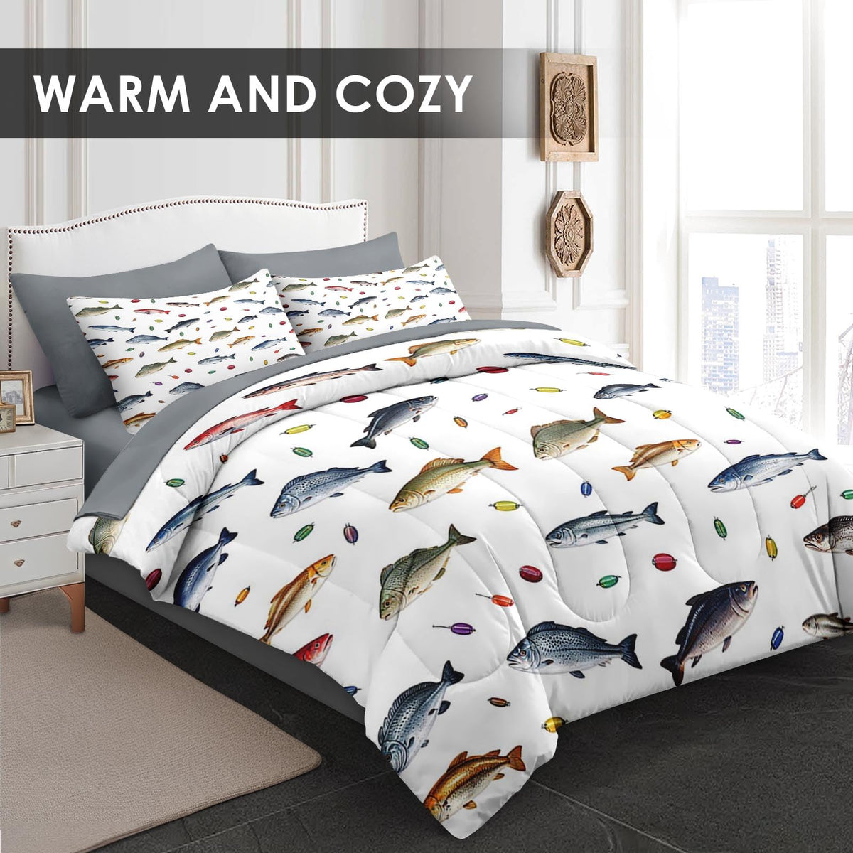 7 Pcs Comforter Set, Fish Coastal Bedding